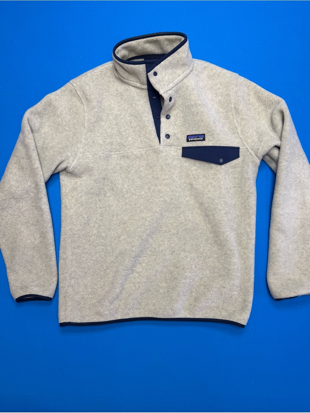 Patagonia Synchilla Oatmeal Cream Snap-Front Fleece Pullover with Navy Trim